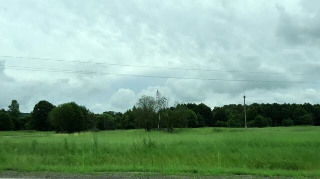 Open field and forest seen from a car's side window. Overcast sky covers the countryside during a summer drive. Cloudy scenic view captured along a rural road trip..