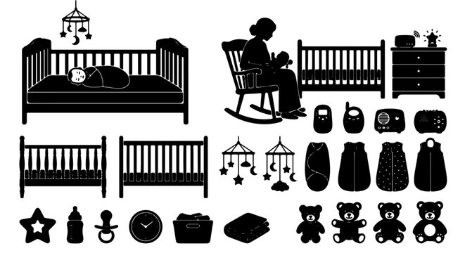 Baby Nursery Essentials Vector Icons Set, Cribs, Bedding, Toys, and Care Items Collection, Black and White Silhouette Graphics for Parenthood and Childcare