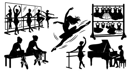 Ballet Dancer Silhouettes Collection, Elegant Poses and Studio Scenes, Vector Graphics for Performance Art and Dance Education © Dholu