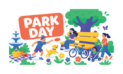 Fototapeta premium Park Day Outdoor banner scene with 3 expressive family visitors enjoying oversized park bench and large tree, one throws frisbee while another reads book and another pushes stroller, supporting