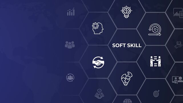 Soft skills idea. Creativity, Problem solving, persuasion, collaboration, adaptability. Animation of skills icon. 4k video. 
