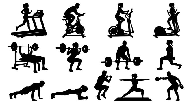 Fitness Silhouette Icons Set: Cardio, Strength Training, Yoga, and Weightlifting Exercises for Health and Wellness Graphics