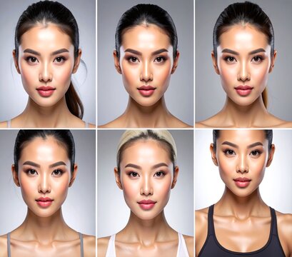 Composite grid of six beauty portraits showing an Asian woman with different hair styles and natural angles.