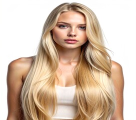 Naklejka premium Front view portrait of a gorgeous blonde woman with long straight hair and natural makeup.