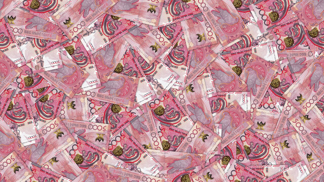 Seamless pattern. Financial illustration. Scattered Republic of Kazakhstan 5000 tenge banknotes. Obverse and reverse. Kazakh money. Five thousand. Business and loan. Earnings. Background or wallpaper