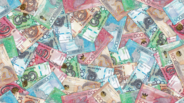 Seamless pattern. Financial illustration. Scattered Republic of Kazakhstan 500, 1000, 2000 and 5000 tenge banknotes. Obverse and reverse. Kazakh money. Business and earnings. Background or wallpaper