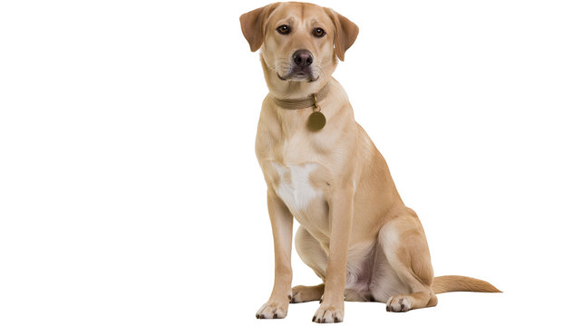 Labrador Retriever dog sitting wearing a collar with a tag