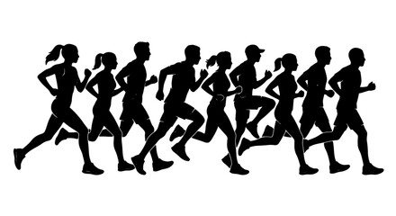Obraz premium Diverse Group of Runners, Male and Female Athletes in Motion, Silhouette Vector Art for Fitness and Sports Concepts