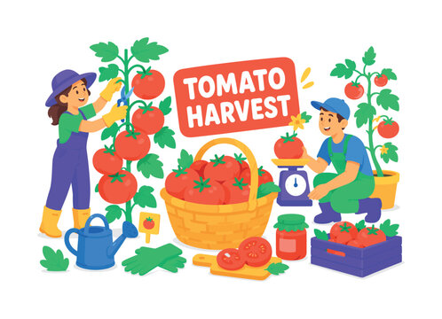 Tomato Harvest Fresh banner scene with 2 expressive gardeners collecting oversized tomato cluster and large harvest basket, one trims vine with pruning shears while another weighs produce near crate,