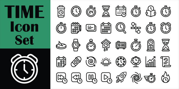 Time Line Icon Set, Clock, Stopwatch, Calendar, Hourglass, Alarm, Timer, Schedule, Deadline and Time Management Outline Vector Collection