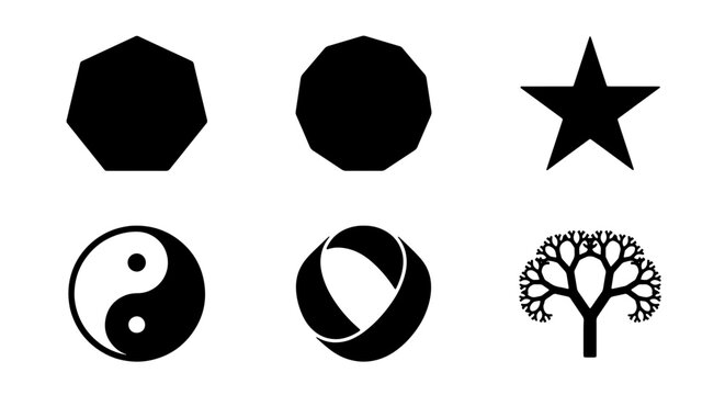 Geometric Shapes and Symbols Vector Icons: Octagon, Decagon, Star, Yin Yang, Mobius Strip, Fractal Tree