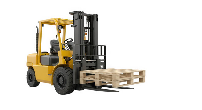 Yellow forklift carrying a wooden pallet for warehouse work isolated on transparent background