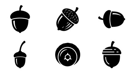 Set of Six Black Acorn Icons, Simple Vector Illustrations of Oak Nuts, Autumn Seed Symbols for Nature and Harvest Designs © Balu