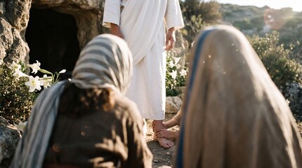 Obraz premium Jesus Christ appears to women at the empty tomb on Easter morning. Resurrection of Savior revealed to followers near grave entrance. Biblical scene of faith, hope and Christian worship.