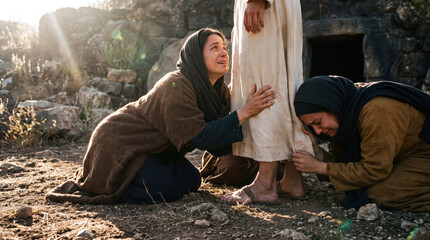 Obraz premium Two women kneeling and touching the robe of Jesus after his resurrection. Biblical scene of Mary Magdalene meeting Christ at the empty tomb. Religious faith, devotion and hope.