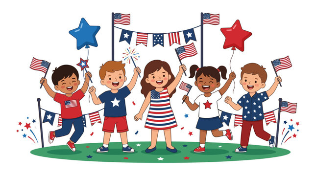 Diverse children celebrating independence day with flags and balloons