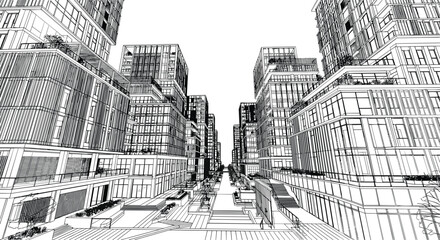 Fototapeta premium Modern Urban Cityscape Architectural Wireframe CAD Drawing with Contemporary High Rise Buildings