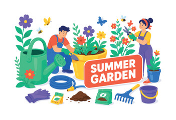 Fototapeta premium Garden Summer Plants banner scene with 2 expressive gardeners tending oversized watering can and large flower pot, one uses trowel while another trims with pruning shears near butterflies and bees,