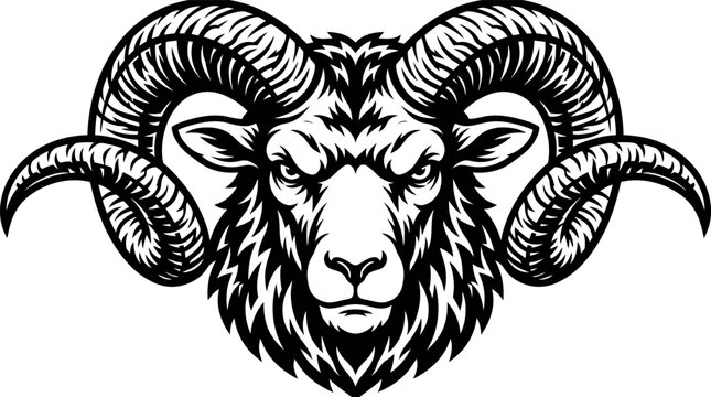 Black and white ram head vector mascot with large curved horns for sports logo design