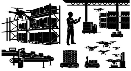 Obraz premium Warehouse Automation Icons: Drone Delivery, Robotic Pallet Jacks, Conveyor Belts, and Logistics Management Vector Set
