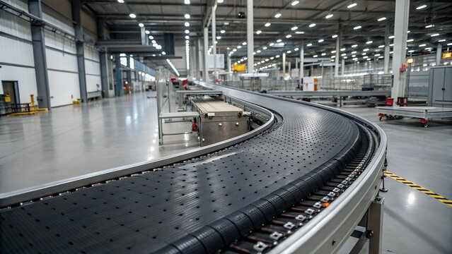 Ultra-realistic heavy-duty rubber conveyor belt operating inside a modern automated manufacturing facility. Premium industrial equipment featuring durable vulcanized rubber, precision engineering,