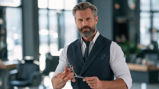 Bearded man in vest holds scissors with focused expression