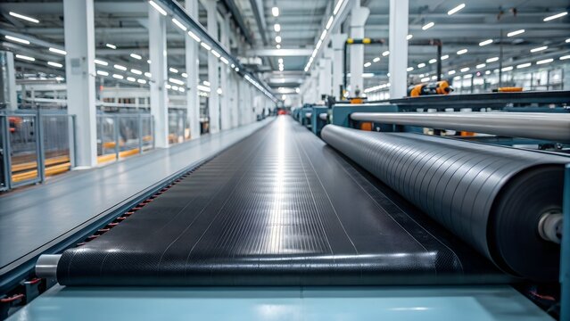 Modern rubber production line featuring automated conveyor systems transporting premium rubber sheets through a high-tech manufacturing facility. Ideal for engineering, industrial automation, and mate