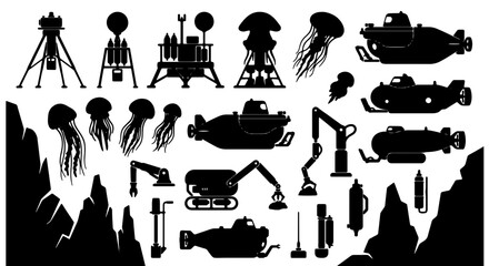 Underwater Exploration Vector Icons: Submarines, Jellyfish, Robotic Arms, and Lunar Lander Elements for Science and Technology Themes © Asikur