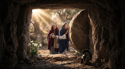 Obraz premium Two woman stand at the entrance of a stone tomb with a rolled away rock. Biblical scene showing Mary Magdalene finding the empty grave of Jesus. Easter faith and resurrection concept.