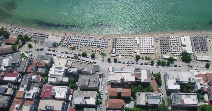 Panoramic Aerial View of Kalikratia Beach and Coastal Town Greece