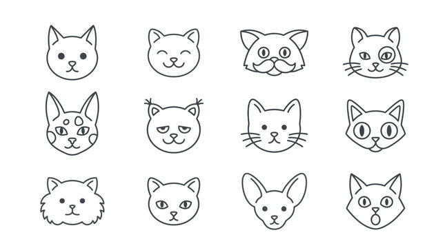 Collection of simple black and white outline animal faces including cats dogs and rabbits for design projects