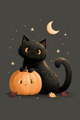 Fototapeta premium Cute Black Cat with Pumpkin and Stars in Halloween Illustration