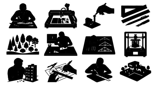 Architectural Design Icons Set, Blueprint Drafting Tools, 3D Modeling & Construction Symbols, Vector Graphics for Engineering and Planning