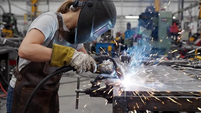 Female Welder Working with Sparks in Industrial Factory