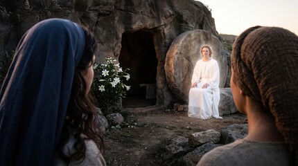 Obraz premium Angel in white robe sitting on stone by open tomb to tell two women that Jesus has risen. Biblical scene from Matthew 28 describing the resurrection of Christ at Easter morning.