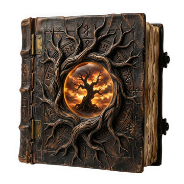 Ancient leatherbound book with a glowing tree of life carving and runic symbols on the cover isolated on transparent background