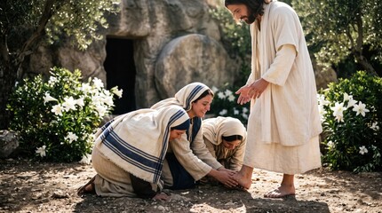 Obraz premium Jesus Christ appears to women after resurrection near the tomb. Biblical scene of Mary Magdalene and Mary touching the feet of resurrected Jesus. Easter holiday Christian faith concept.