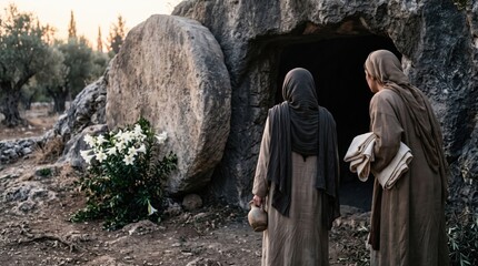 Obraz premium Two woman at open tomb of Jesus. Mary Magdalene finding empty grave at dawn. Biblical scene of resurrection for Easter celebration. Religious faith, hope and belief in miracle.