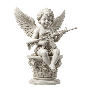 A marble statue of a cherub holding an assault rifle, isolated on transparent background