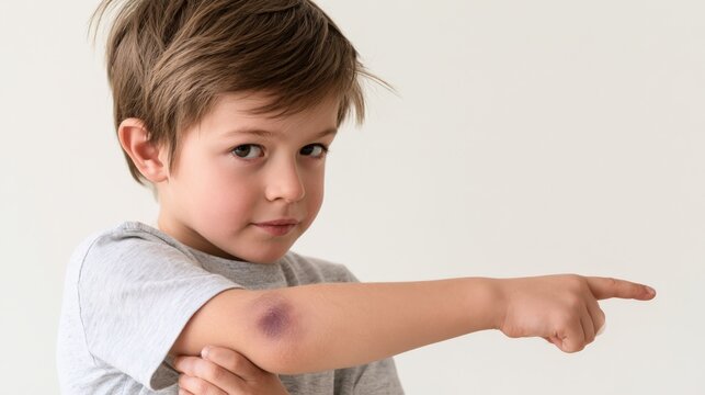 Young boy points to his arm with a purple bruise