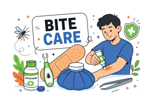 Bug Bite Care. Bug bite care banner with 1 main scene: person applying ointment beside oversized bandage and large ice pack reaching all canvas edges, with small antihistamine, mosquito, tick remover,