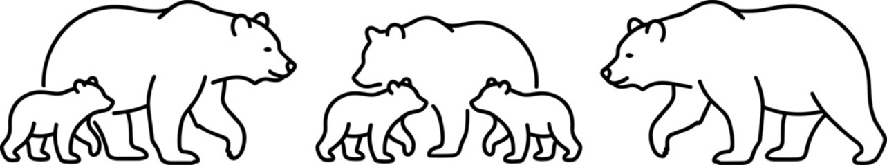Bear Family and Cubs Line Art Vector Set Isolated on White Background © Mst