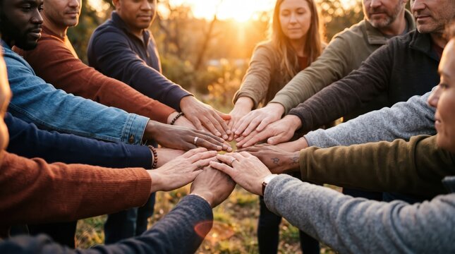 Group teamwork hands stacked in unity during sunset outdoor meeting