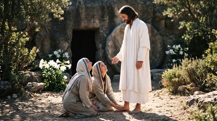Obraz premium Jesus Christ appears to Mary Magdalene and another woman after his resurrection outside the empty tomb. Biblical scene of faithful women kneeling to worship the risen Lord at Easter.
