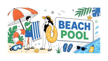 Fototapeta premium Beach Pool Vacation. Beach and pool banner with 1 main scene: vacationer choosing between beach towel and pool float beside oversized umbrella and large lifebuoy reaching all canvas edges, with small