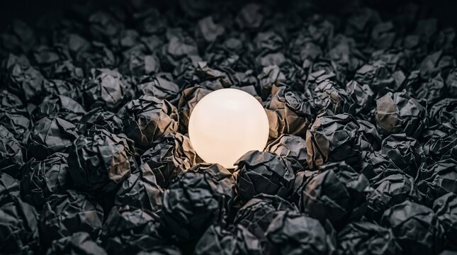 A bright glowing sphere rests surrounded by dark crumpled paper balls, creative concept, unique idea, finding a solution.