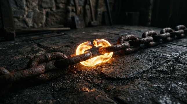 A heavy rusted iron chain lies on a dark stone floor with one bright glowing molten link, weak link concept, inner strength, standing out.