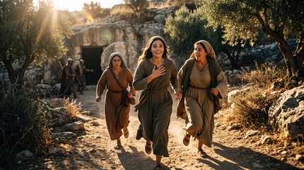 Obraz premium Woman group running away from the empty tomb in biblical clothing. Reenactment of the resurrection of Jesus. Religious scene depicting the discovery of the open grave by Mary Magdalene.