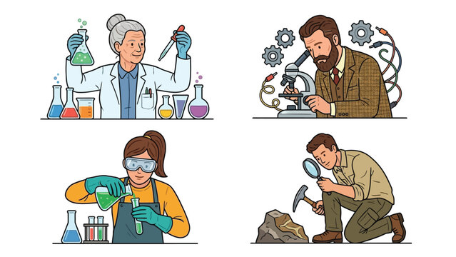 Set of illustrations featuring scientists and researchers working in various laboratory and field settings.