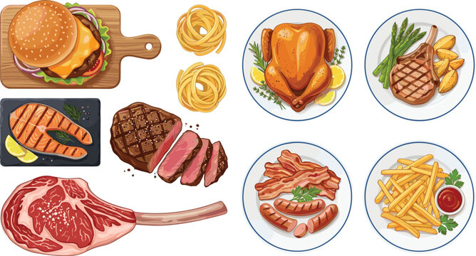 Delicious restaurant food and grilled meat vector element set featuring steak isolated on white background.